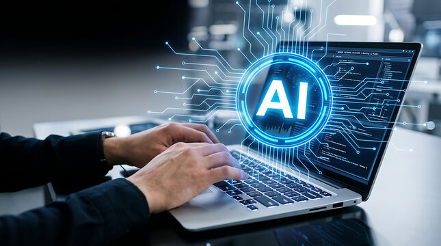 Person typing on a laptop with a glowing ai digital interface overlay