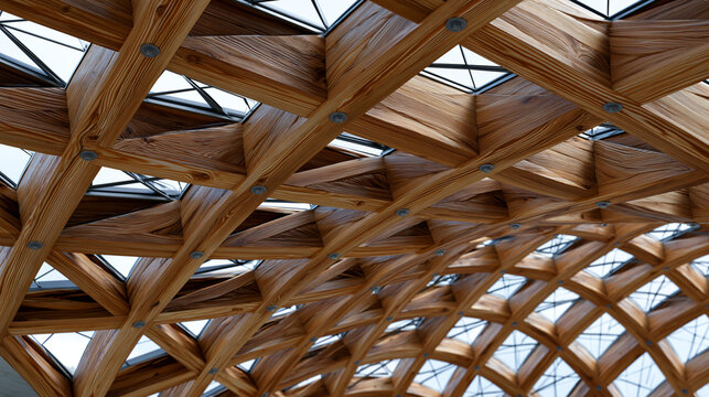 Hyperbolic paraboloid timber gridshell roof structure viewed from below as pure surface study, laminated larch lattice members following principal stress trajectories across the anticlastic form, na