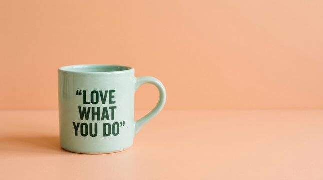 Inspirational coffee mug with Love What You Do quote, ceramic cup on peach background, motivational office drinkware for career success and passion