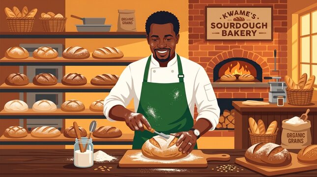 Smiling baker in a green apron scores a sourdough loaf in a warm bakery with a brick oven and shelves full of bread