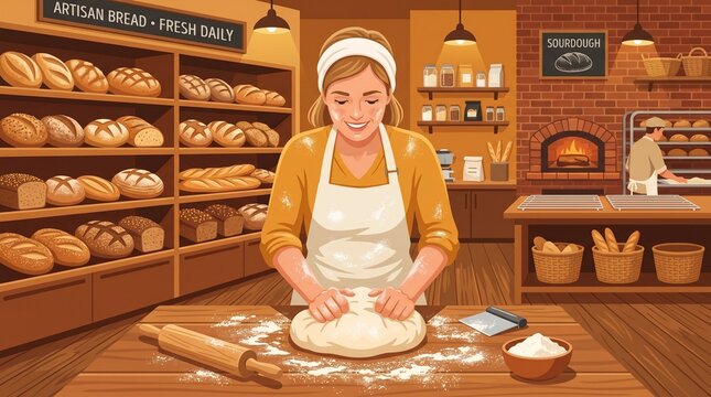 Baker woman kneading dough in a warm bakery with shelves full of artisan bread and a brick oven