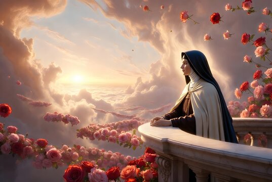 Saint Th&eacute;r&egrave;se of the Child Jesus leaning upon a marble parapet above luminous clouds while thousands of red and pink roses drift toward the world, heavenly overlook bathed in serenity, radiant dawn li