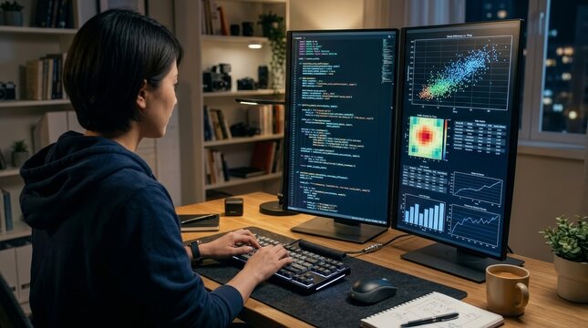 Person sits at a desk using computer with two monitors displaying code and charts.
