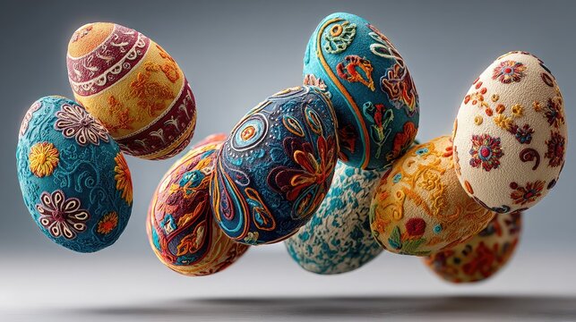 Vibrant decorative easter eggs suspended midair featuring intricate floral patterns and rich textural details against a soft neutral gray studio background
