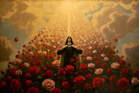 Saint Th&eacute;r&egrave;se of the Child Jesus leading a celestial procession through radiant clouds while thousands of red and pink roses descend toward humanity, heavenly pathway filled with sacred reverence, lum