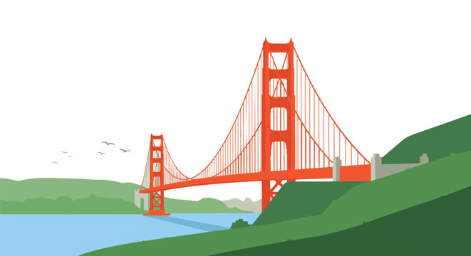 A suspension bridge spans a tranquil bay with red and orange towers and sweeping cables set against green hills and distant landscape