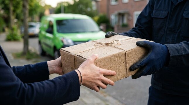 Delivery workers pass a cardboard package to each other on the street.