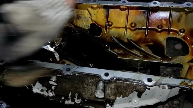 Gloved hand brushes sludge from a removed metal car oil pan