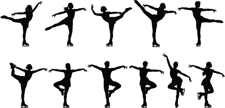 Black silhouette of people performing various yoga poses figure exercise