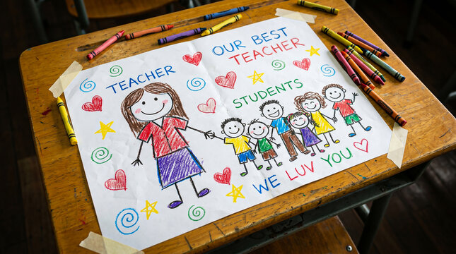 Children's drawing of a teacher and students holding hands stating 'our best teacher' and 'we luv you' placed on a wooden school desk thank you