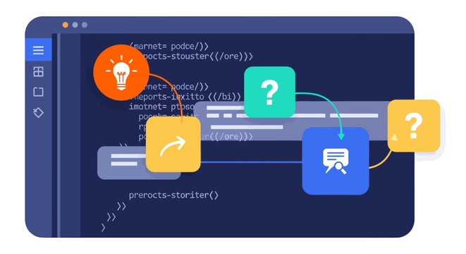 Abstract Software Development Workflow Illustration Featuring Code Editor Interface with Problem Solving, Debugging, and AI Assistant Icons