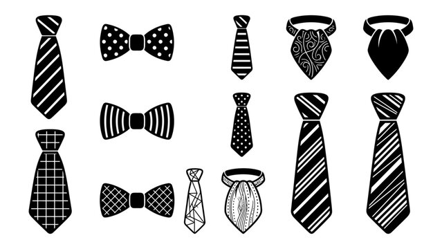 Set of black and white necktie and bowtie vector icons for formal wear and fashion design