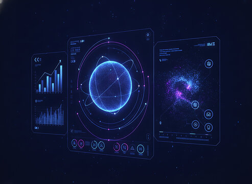 Futuristic digital interface with holographic planet and data visualization