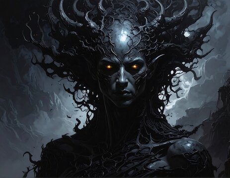 A dark fantasy portrait of a mystical being with a twisted, organic crown and eerie glowing eyes