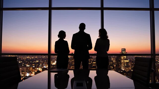 Business team looking out of a highrise office window at sunset