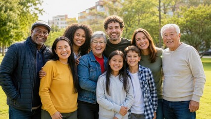 Obraz premium Smiling multigenerational diverse family group outdoors in a sunny park