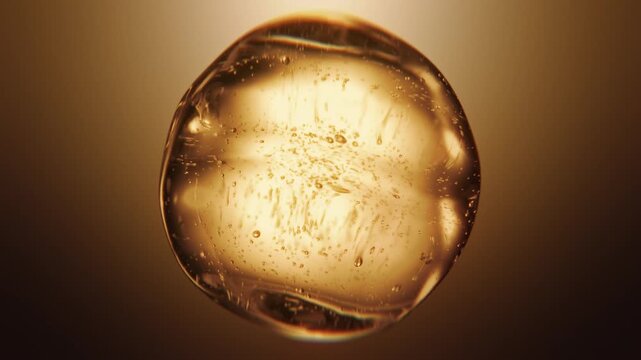 Luxury golden serum liquid bubble. Beauty cosmetics macro 3D abstract background. Bio moisturizer essence gel or oil drop. Collagen fluid molecule. Moisturizing peptide face cream. Skin lifting lotion
