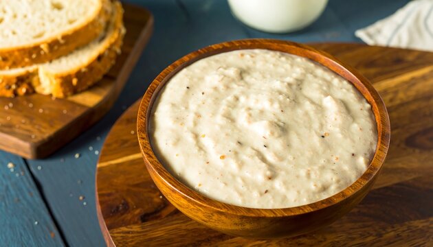 Creamy spread in a wooden bowl with bread