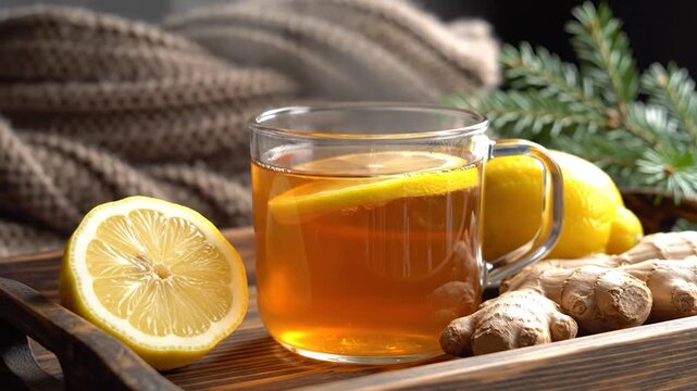Hot ginger and lemon tea in a clear glass mug on a wooden tray with fresh ingredients and a warm knitted blanket