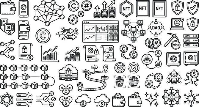 Hand drawn blockchain cryptocurrency icons NFT digital wallet cyber security smart contract data mining doodle sketch vector set