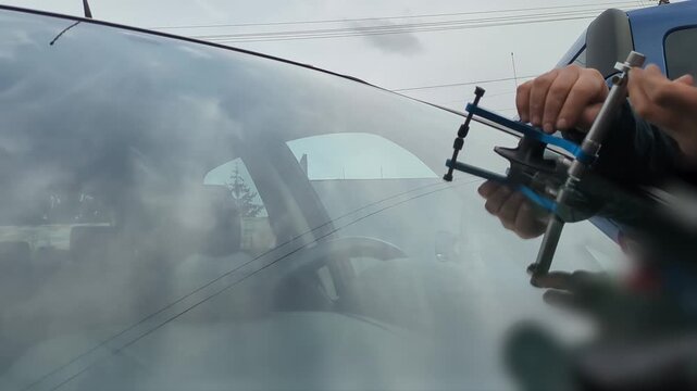 Windshield Repair in 4K, Injecting Adhesive into Crack, Car Glass Fix, Professional Chip Repair, Automotive Service