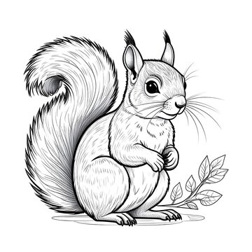 A cute illustration of a squirrel with bushy tail and leaf