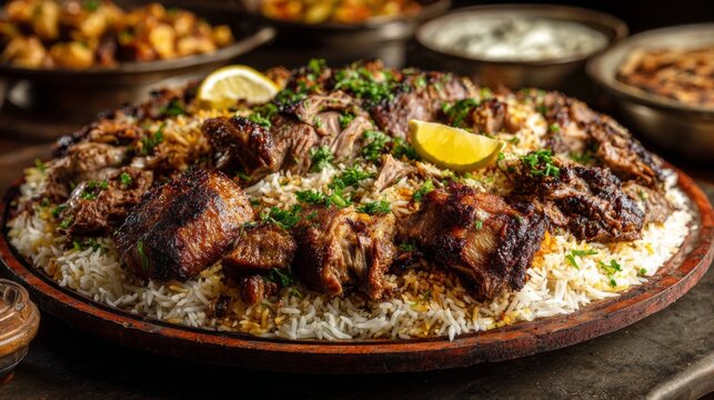 Large platter of fragrant rice served with tender meat and garnished with fresh herbs and lemon slices