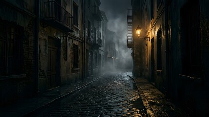 Fototapeta premium A spooky, narrow cobblestone street in an old European town at night. The street is shrouded in mist and fog, with a single gas lamp illuminating the scene. Buildings line both sides of the street.