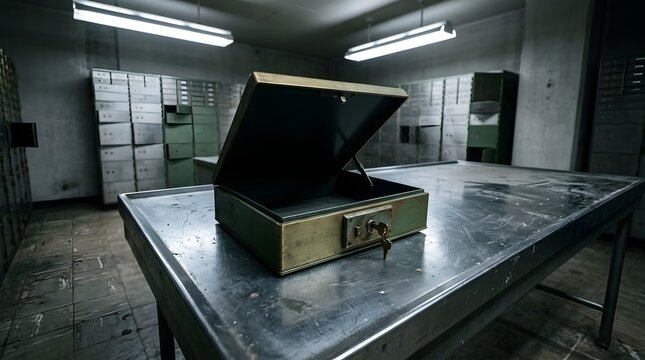 An empty open briefcase rests on a metal table in a dimly lit, old-fashioned room, suggesting mystery and suspense
