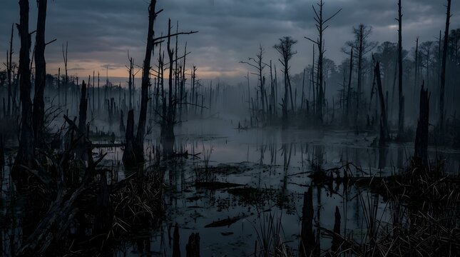 An eerie swamp at twilight with dead trees rising from the murky water under a cloudy sky. The atmosphere is dark and misty, creating a sense of mystery and desolation