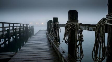Naklejka premium A weathered wooden pier shrouded in thick fog, leading out to the calm, misty water. Thick ropes are coiled around sturdy wooden posts, creating a sense of aged maritime charm and quiet solitude