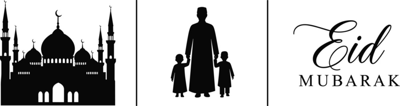 Eid mubarak greeting with mosque silhouette and family black and white