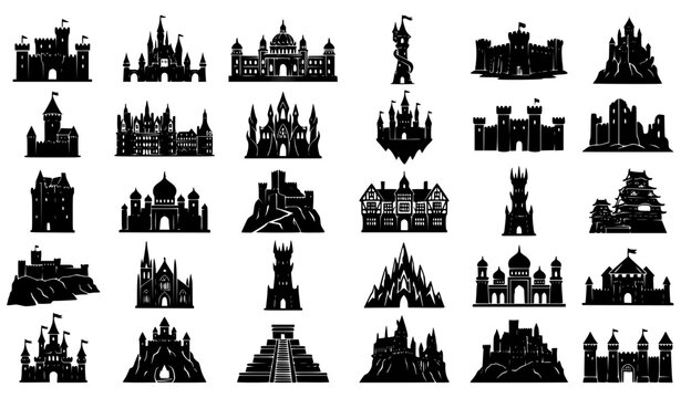Black castle silhouette collection fantasy medieval fortress and palace vector set isolated