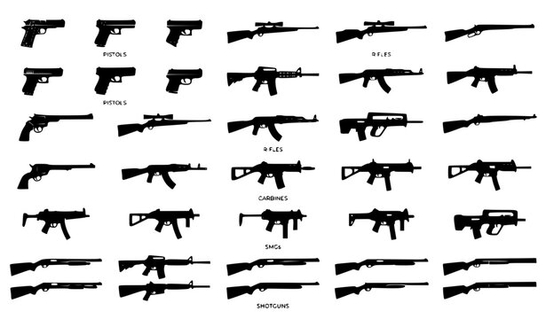 Firearm silhouette collection pistols rifles and submachine gun vector set isolated
