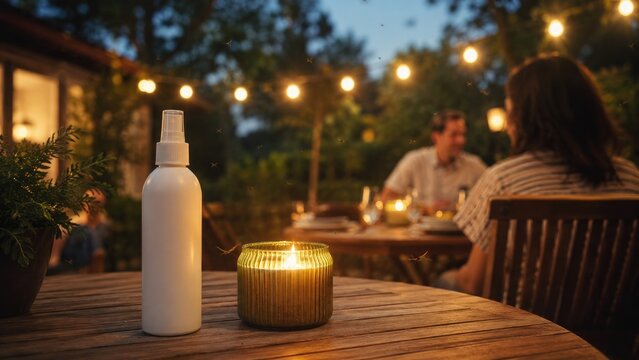 Outdoor evening patio scene with a spray bottle and lit candle on a wooden table, warm string lights and blurred diners
