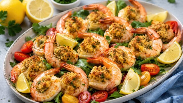 Baked stuffed shrimp on a platter with lemon wedges, cherry tomatoes and mixed greens, garnished with herbs and golden breadcrumb topping