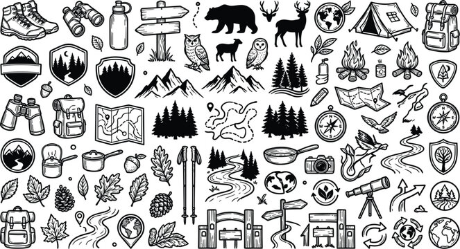 Hand drawn outdoor camping icons wild animals mountains tents backpacks hiking boots compass bonfire badges doodle vector set