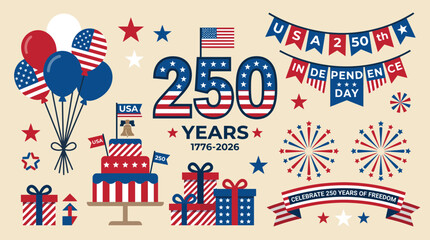 Fototapeta premium Detailed vector graphic illustration featuring patriotic elements celebrating two hundred fifty years of american independence with festive banners and fireworks