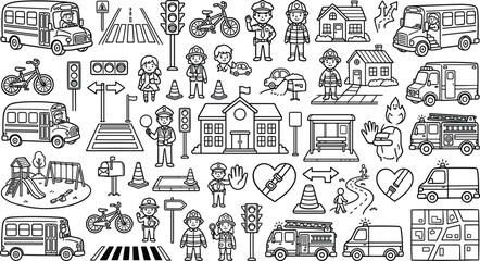 Line art city safety icons school bus traffic lights police officers firefighters ambulance city map doodle vector set © Sukhi