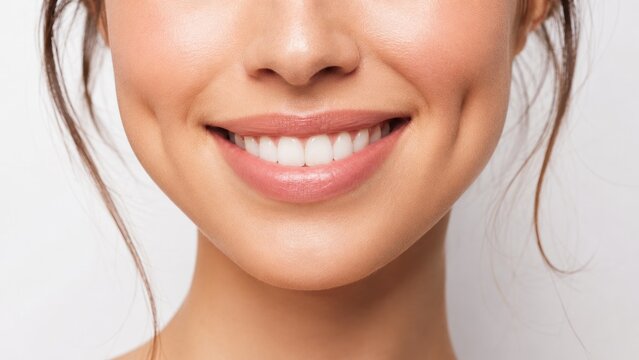 Close-up of a smiling woman's lower face showing dimples, straight white teeth, glossy lips and smooth skin