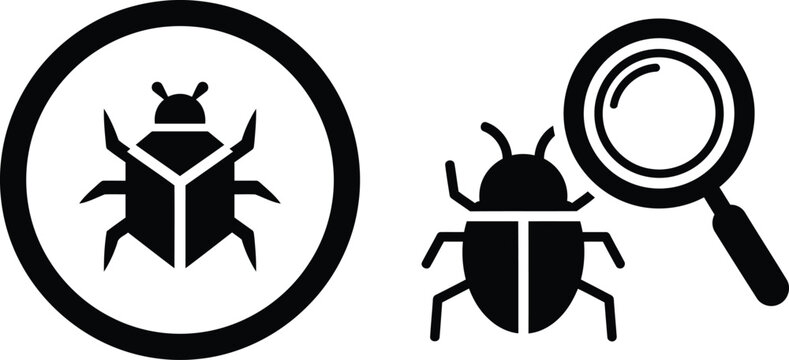 Black silhouette bug icons with magnifying glass for inspection or search concept