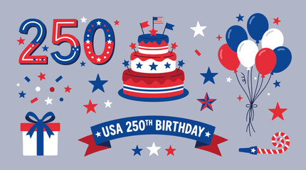 Obraz premium Decorative vector illustration set featuring a multi tiered cake balloons gift box and typography for the united states anniversary celebration