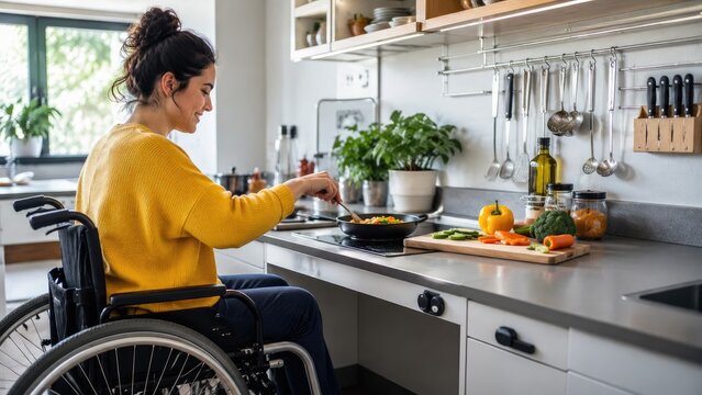 Woman in a wheelchair cooking at an accessible modern kitchen countertop, stirring a pan with fresh vegetables on a cutting board, wearing a yellow sweater in natural light