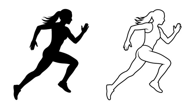 Running woman silhouette and line art on white background