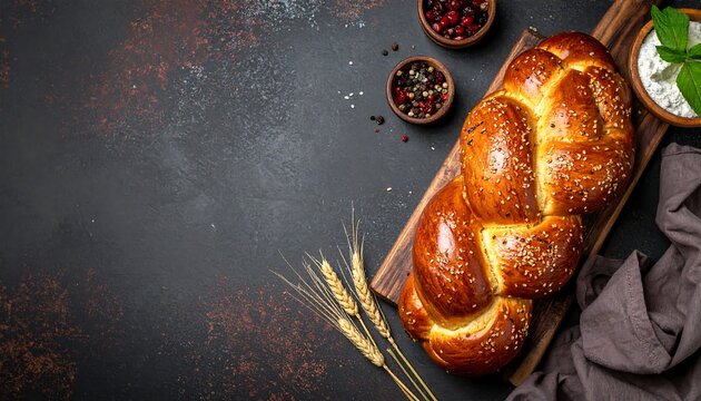 Freshly baked braided loaf on wooden board with spices & cream against a dark mottled background