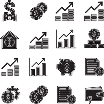 Set of finance and business icons with growth charts and money symbols Vector