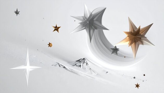 Geometric star shapes ascend from a sketched mountain against a bright, white background, creating a celestial abstract scene