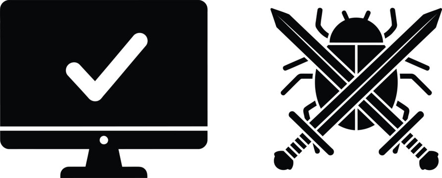 Computer screen with checkmark and bug with crossed swords on white background