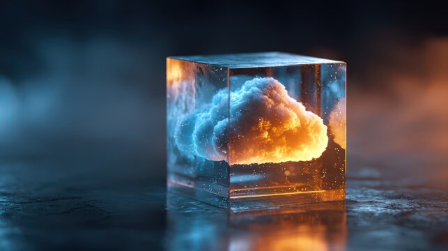 Soft cloud trapped inside a glowing glass cube