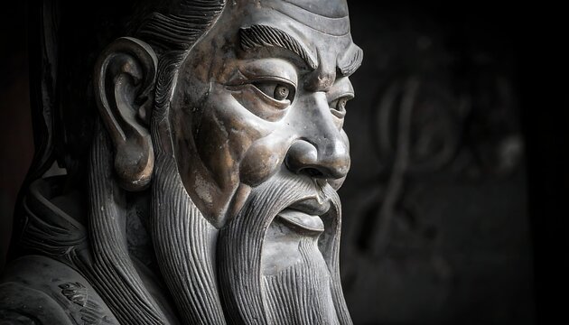 Detailed close-up bronze-toned sculpture of Asian man with flowing beard and robes, side profile, dark background